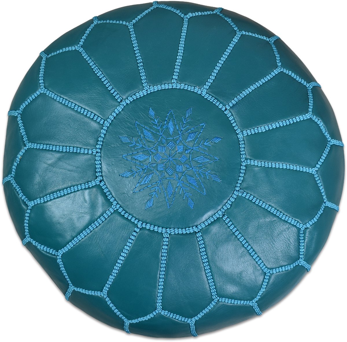 Poef Rond - Oceaanblauw - Poef Leer - Handgemaakt en uniek - Gevuld geleverd