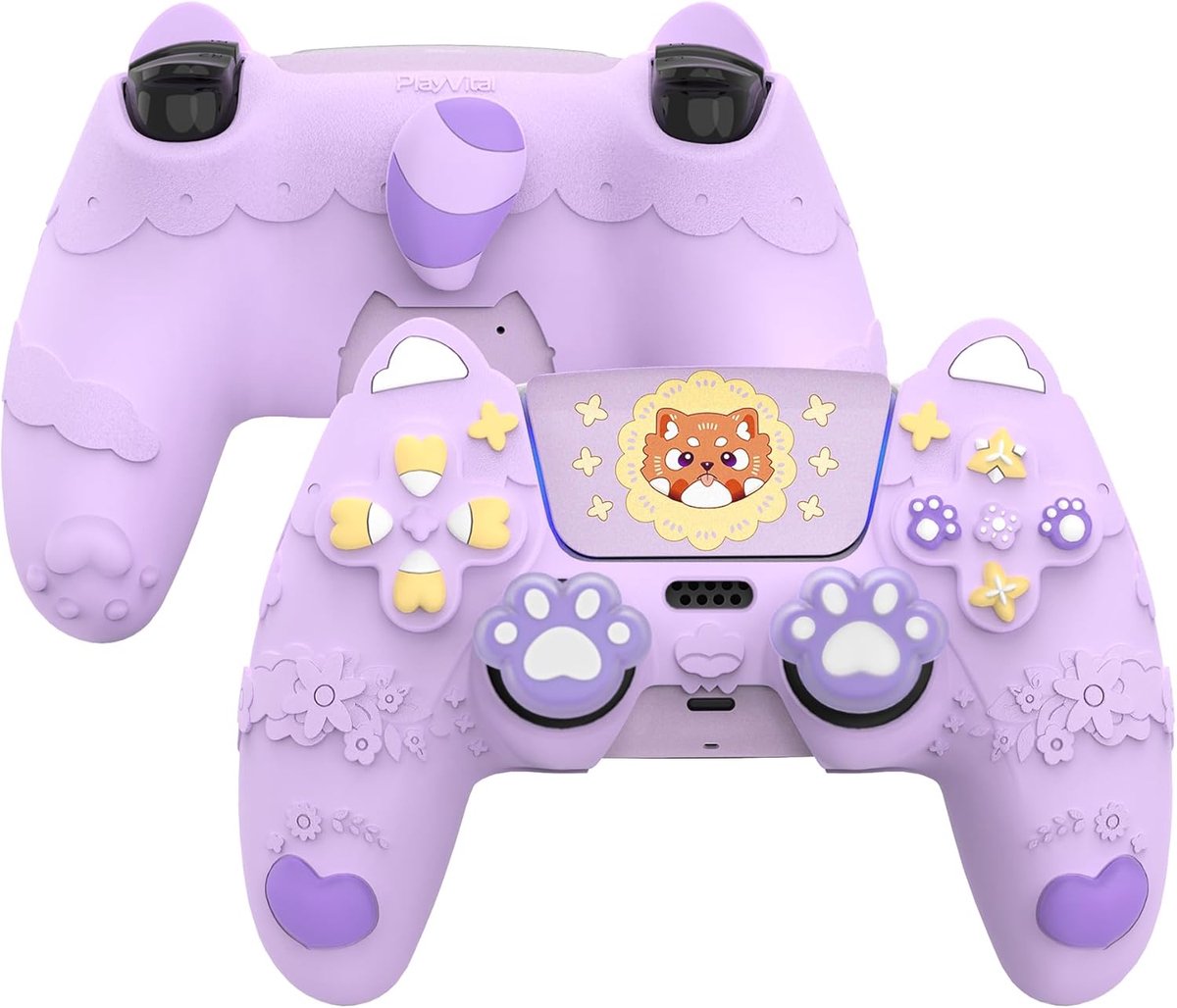 Thijox - Schattige Lente Panda Siliconen Hoes voor PS5 Controller met Antislip Joystickkap en Sticker, Schokbestendige Bescherming, Taro Paars, Compat