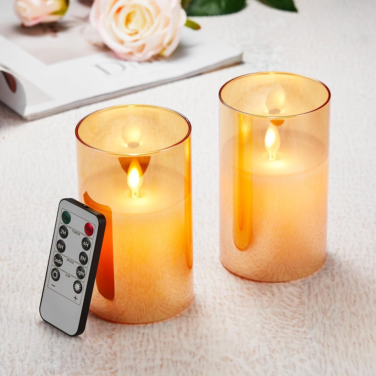 Thijox - Set van 2 LED Kaarsen met Afstandsbediening - Flikkerende Kaarsen op Batterijen met Bruin Glazen Kopje - Kerstkaarsen voor Bruiloft en Feest