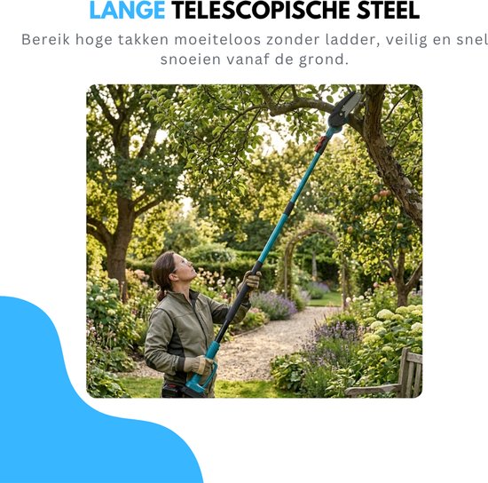 Truskore 4-in-1 Accu Tuingereedschap Set 244cm - Telescopische Snoeischaar & Telescopische Mini Kettingzaag - Mini Kettingzaag & 25 mm Elektrische Snoeischaar - 21V Li-Ion - 8 inch - Incl. 2 Accu's, Lader & Koffer van Truskore — afbeelding 4