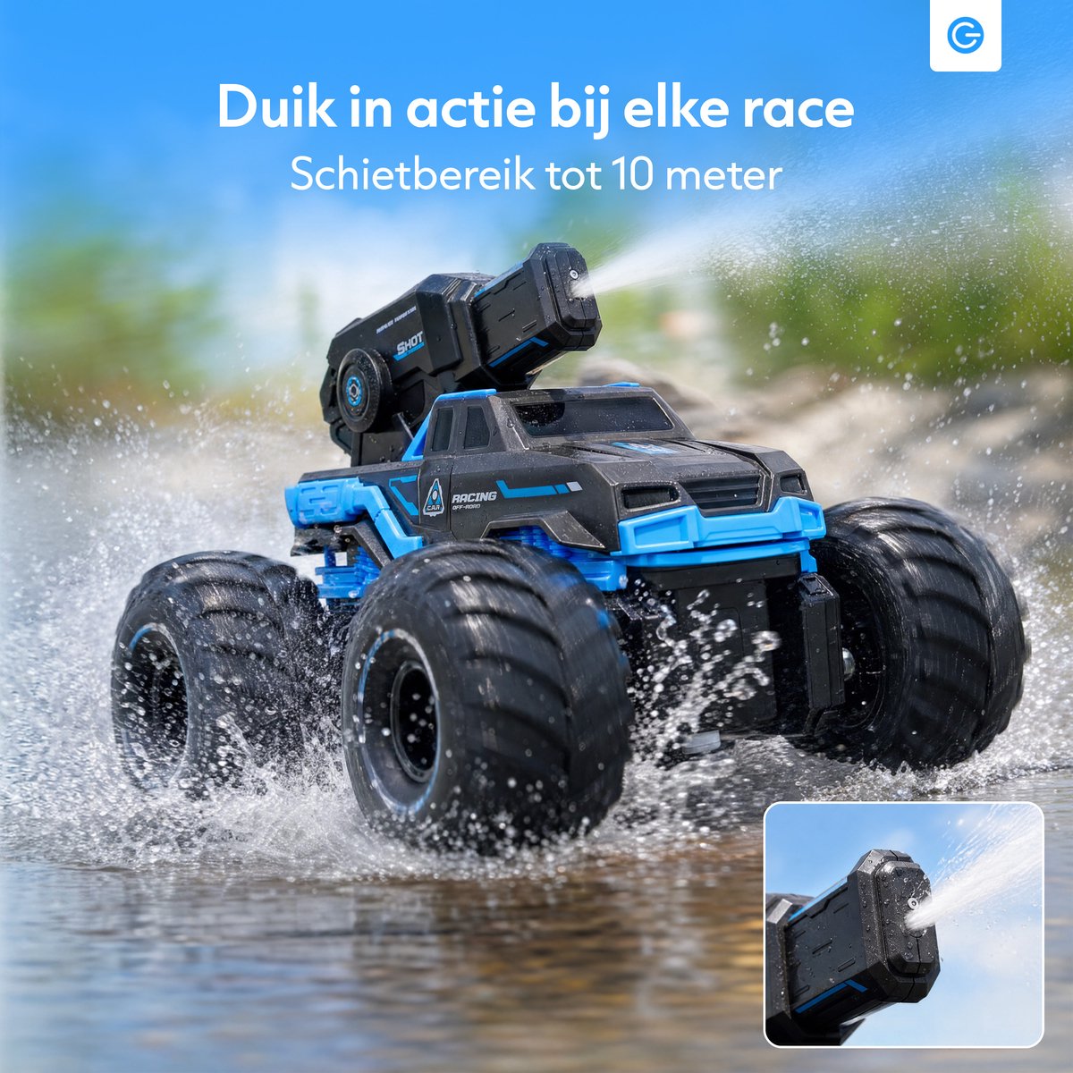 RC Bestuurbare Auto met Waterspray 15km/u - Bestuurbaar op Land en Water met Waterbestendige Afstandsbediening - RC Auto Offroad Kids- Cadeau voor Jongens & Meisjes - Afstandsbestuurbare Auto voor Buiten - Monster Truck Kinderen - Blauw - Silvergear — afbeelding 3
