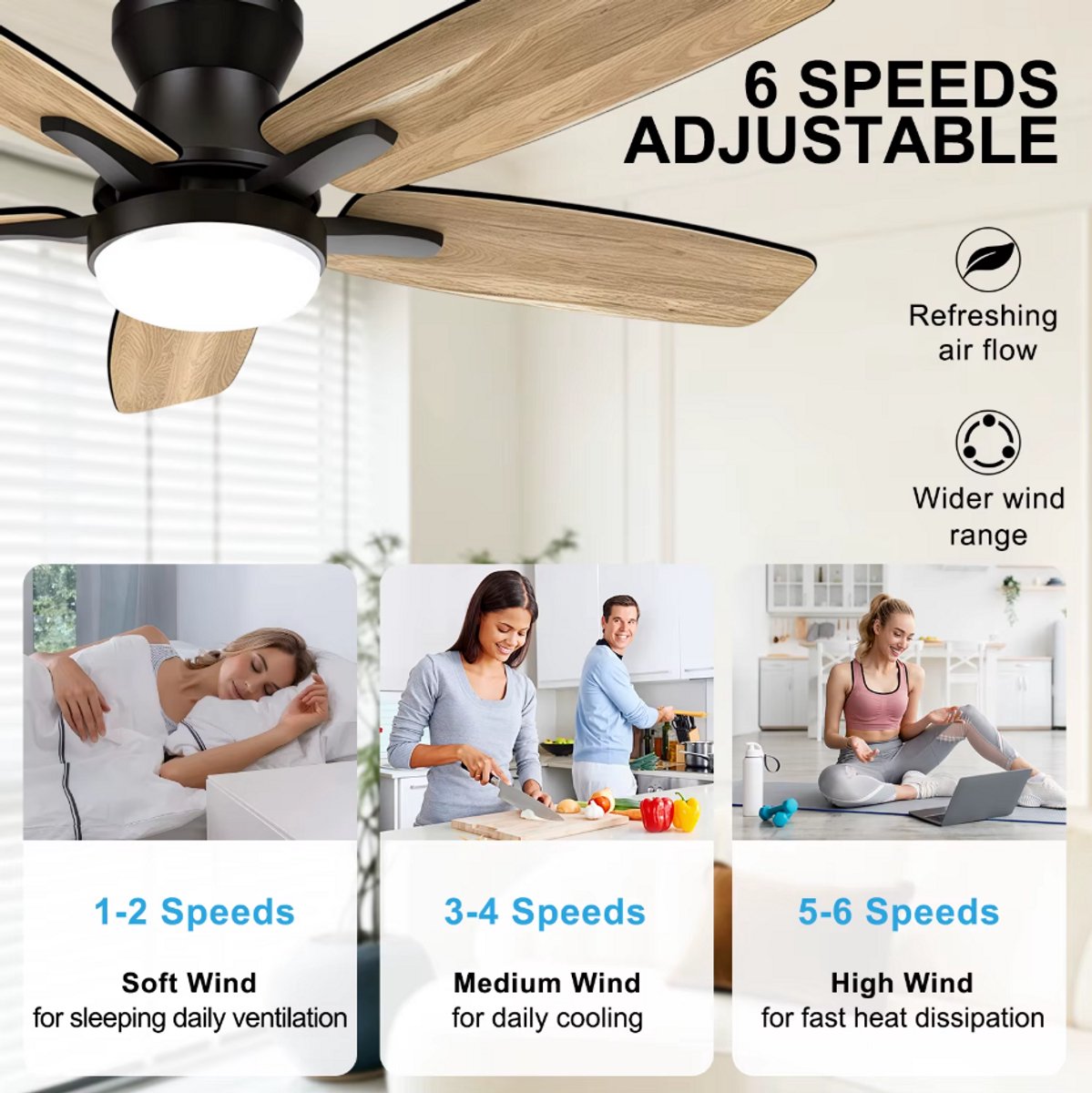 Plafondventilator met verlichting - Met Afstandsbediening - stille ventilator - 106 cm - plafondventilatoren - met 5 houten ventilatorbladen - houtnerf/zwart - voor slaapkamer en woonkamer – foto 6