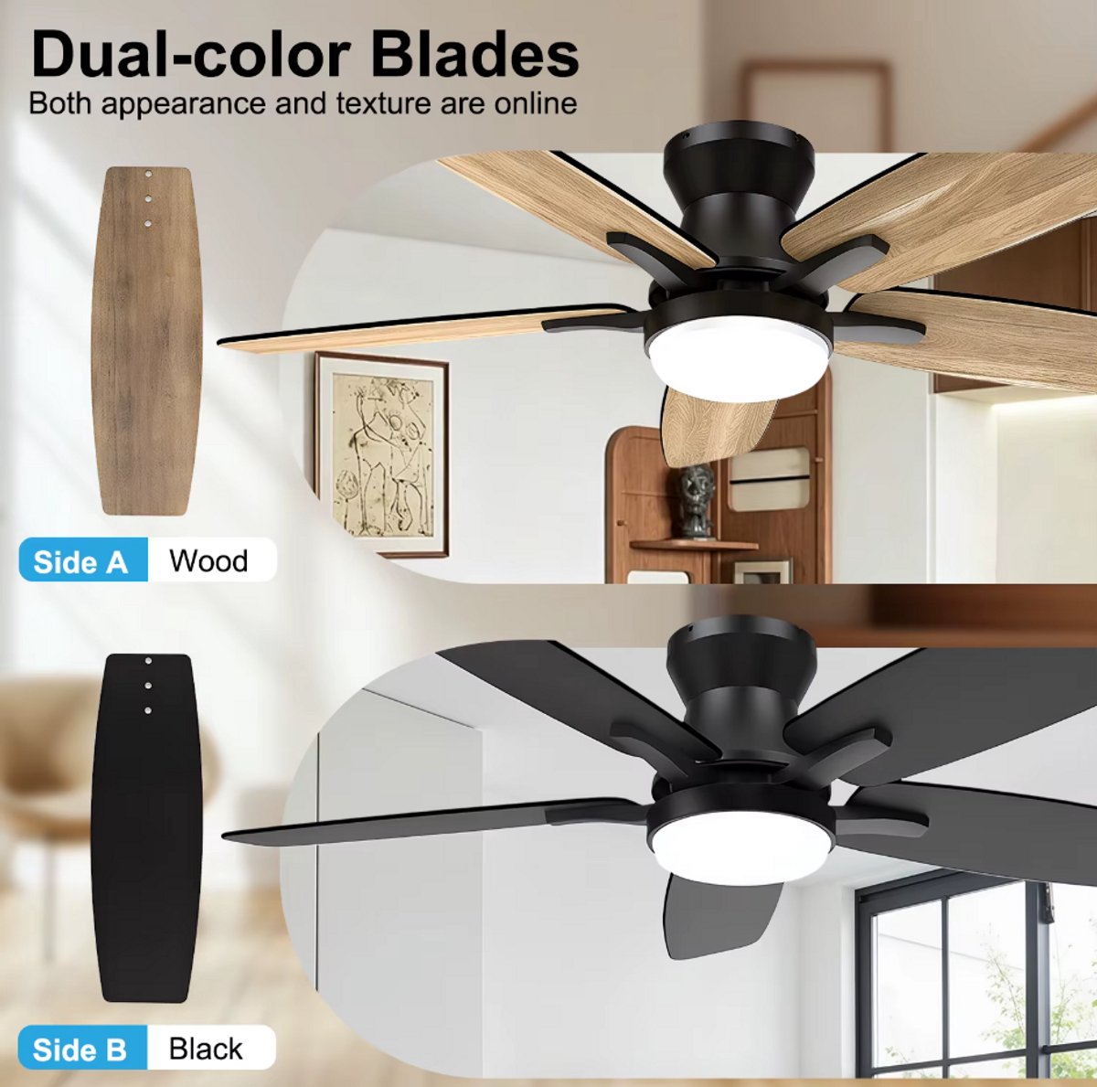 Plafondventilator met verlichting - Met Afstandsbediening - stille ventilator - 106 cm - plafondventilatoren - met 5 houten ventilatorbladen - houtnerf/zwart - voor slaapkamer en woonkamer – foto 8