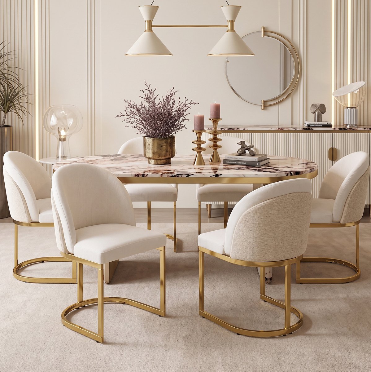 STILVORA Eetkamerstoel - Set Van 4 - Dubbele Rugleuning En Chenille Bekleding - Voor Eetkamer, Woonkamer En Cafe - Metaal Beige Goud
