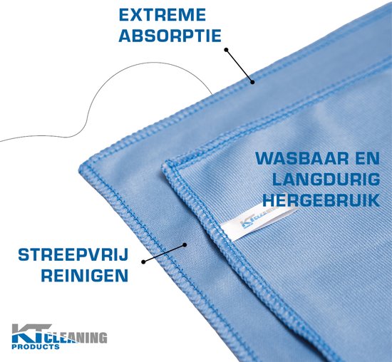 Blauw microvezeldoek met extreme absorptie voor streeploos reinigen. Wasbaar en duurzaam.