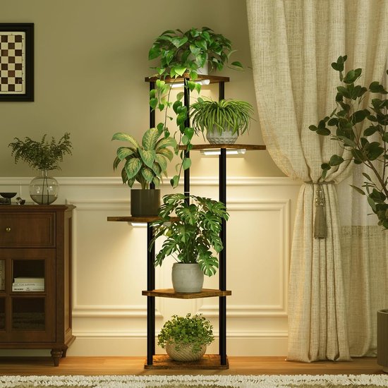 Plantenstandaard met Groeilamp 5 Niveaus Hoekplantenrek met LED Licht, Metalen Houten Plantenhouder voor Binnen 10 Planten
