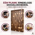 Acacia kopshouten snijplank, met vier kleine afbeeldingen die hakken, snijden en serveren tonen.
