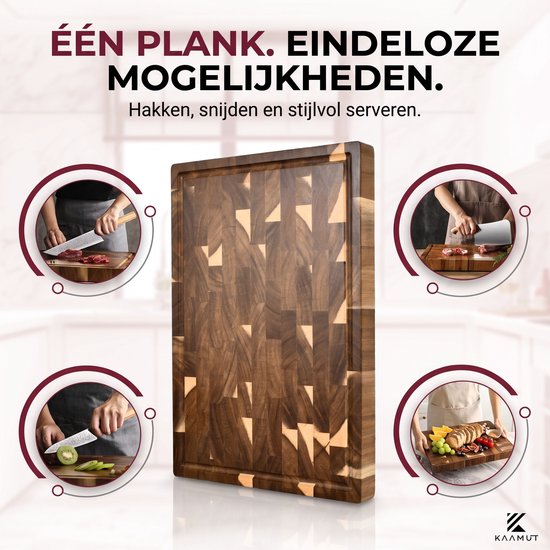 Acacia kopshouten snijplank, met vier kleine afbeeldingen die hakken, snijden en serveren tonen.