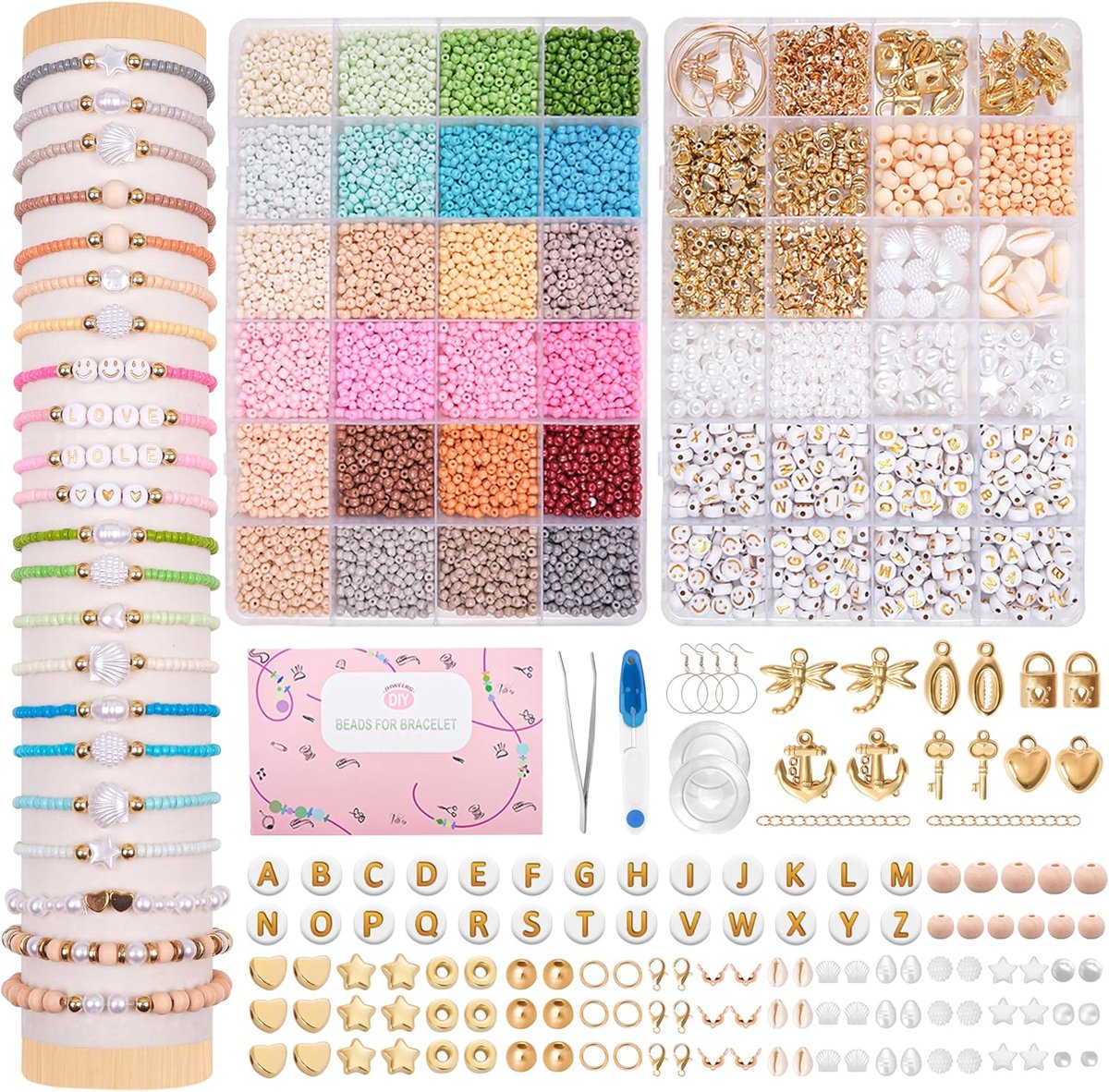 Zelf sieraden maken set - 12.000+ kralen met glazen kralen, letterkralen en accessoires - Complete DIY kralenset voor armbanden, kettingen en oorbellen - Voor kinderen, volwassenen en beginners - Creatief cadeau