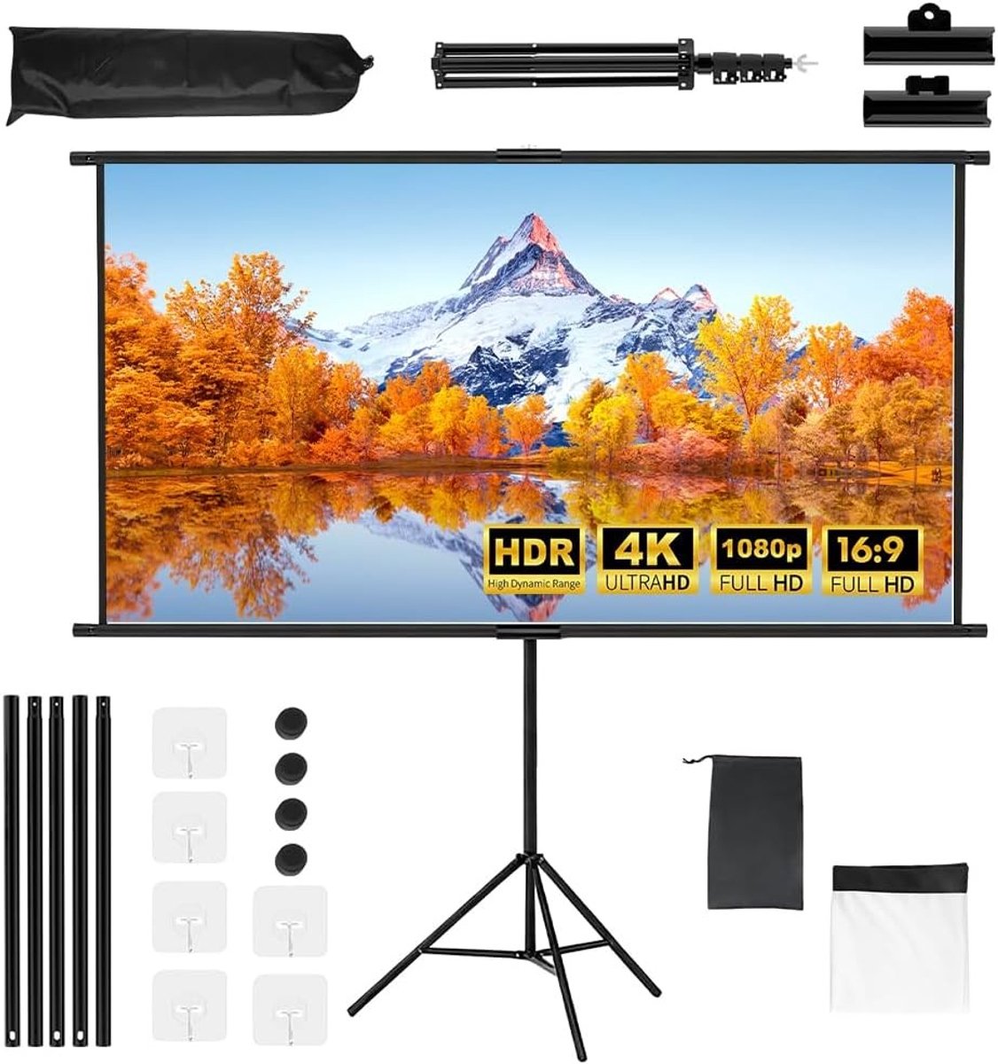 Projectiescherm met Statief 100 Inch - Draagbaar 16:9 4K HD Scherm voor Thuisbioscoop, Binnen en Buiten, Ideaal voor Films en Presentaties