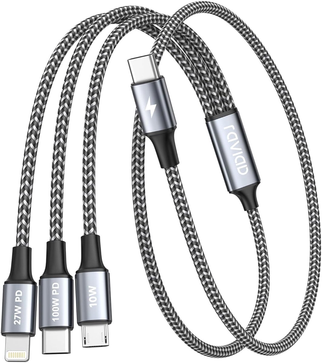 SnelShoppen - RAVIAD 100W USB C Multi USB Kabel 50CM - 3-in-1 Snellader met E-Mark Chip - USB C, Micro USB, Lightning - Voor iPhone 15/14, Galaxy S24/