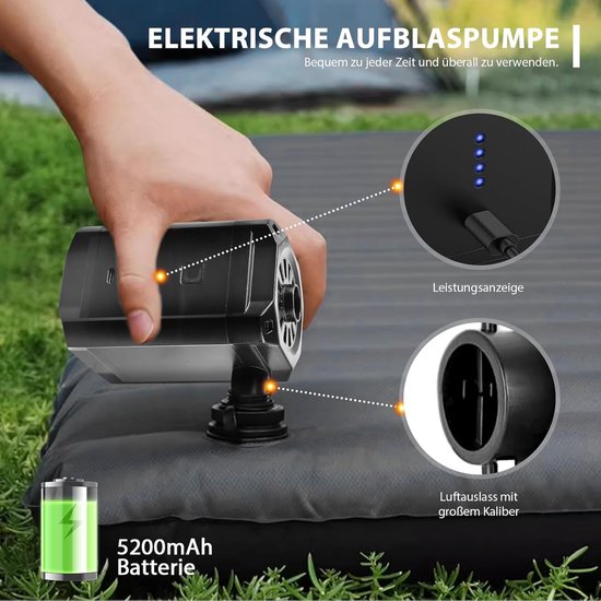 Elektrische Luchtpomp Accu 5200mAh Draadloos Mini Pomp met 3 Opzetstukken voor Luchtbed, Zwembad, Boot en Opblaasbare Artikelen — afbeelding 4