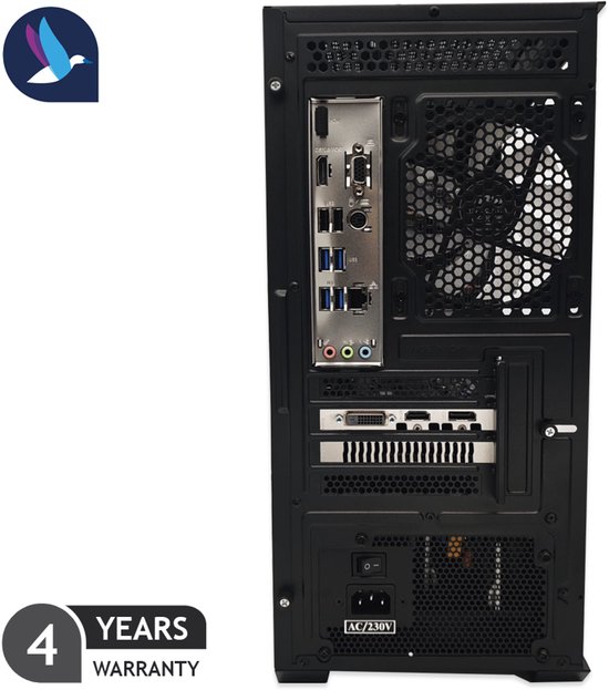 Achterkant van een zwarte pc-kast met ventilatierooster en diverse aansluitingen. 4 jaar garantie.