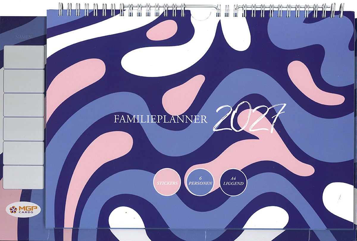 MGPcards - Family Planner 2027 - Weekplanner - Week begint op maandag - 34 x 24,5 cm - Blauw - Met stickers