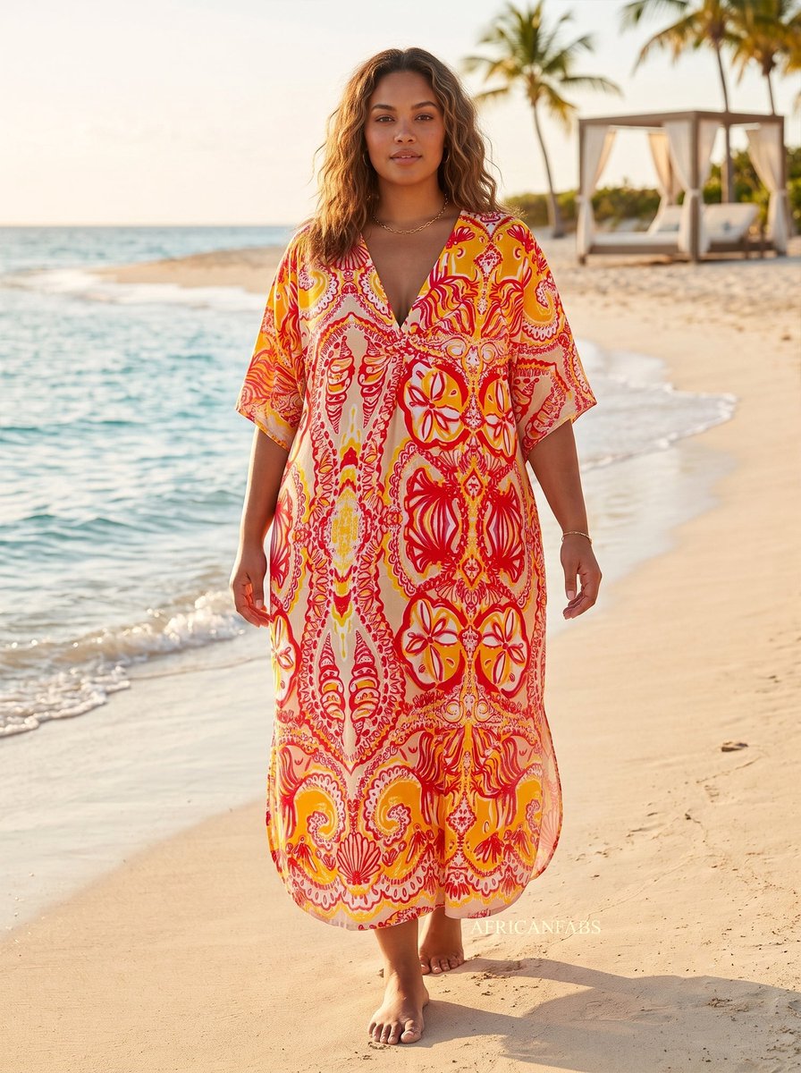 Boho rayon kaftan jurk - Oranje Roze Coral Bloom - Strand Cover Up Caftan Maxi Jurk