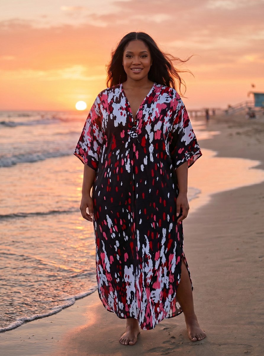 Boho rayon kaftan jurk - Zwart Rood Sunset Splash - Strand Cover Up Caftan Maxi Jurk