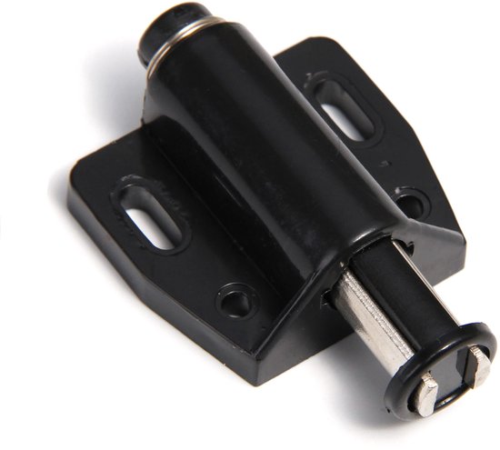 Zwarte kastdeur pusher met metalen actuator en schroefgaten. Zilverkleurige tip.