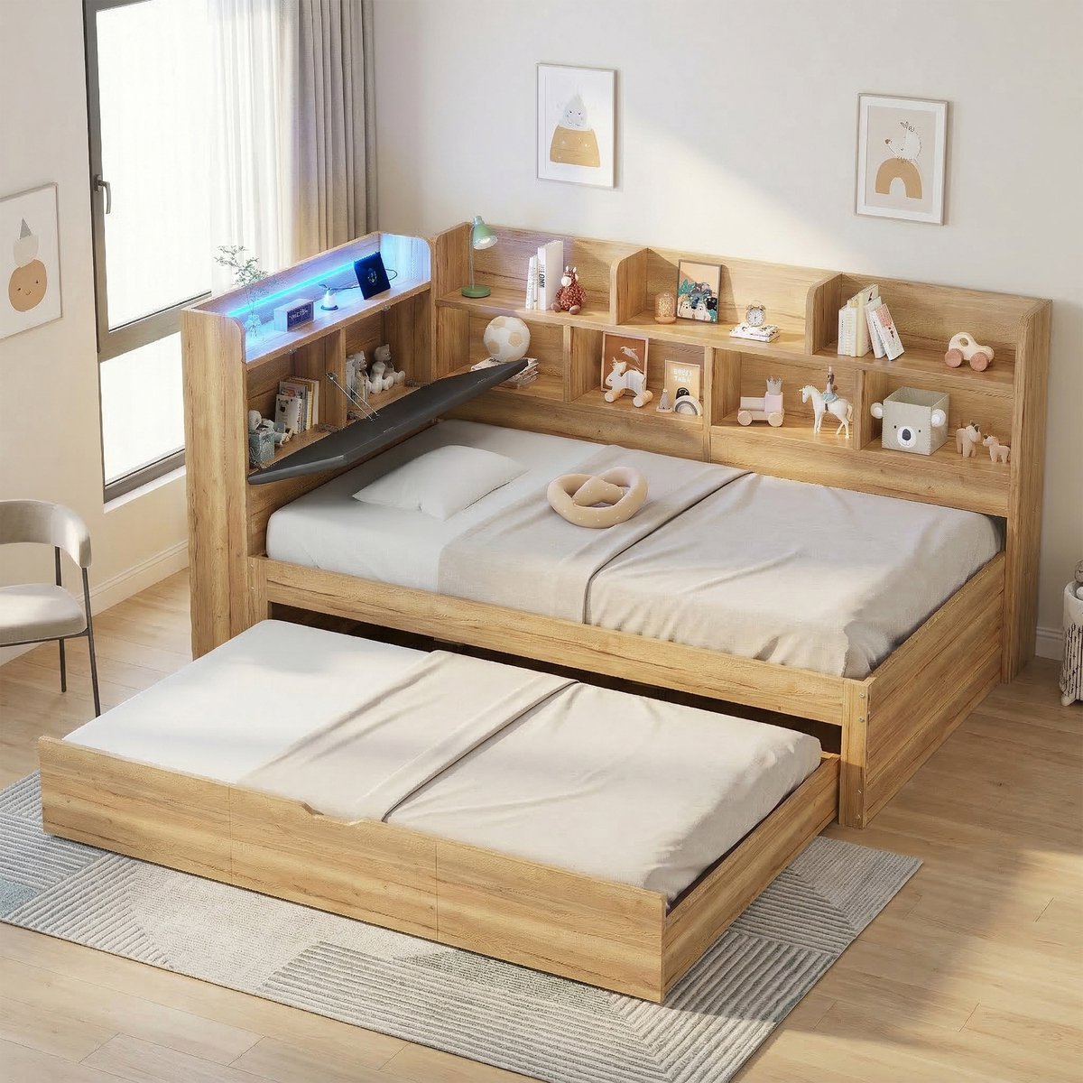 Merax Slaapbank 90x200cm - uitschuifbaar bed - met opbergruimte - met LED-verlichting - USB-oplaadpoort - boekenplank - houtkleur - zonder matras