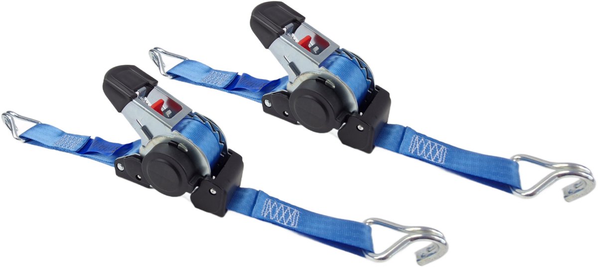 BCF-Products Automatische spanband - met Punthaken - 4 meter - Blauw - 2 stuks - Zelfoprollend - 38mm