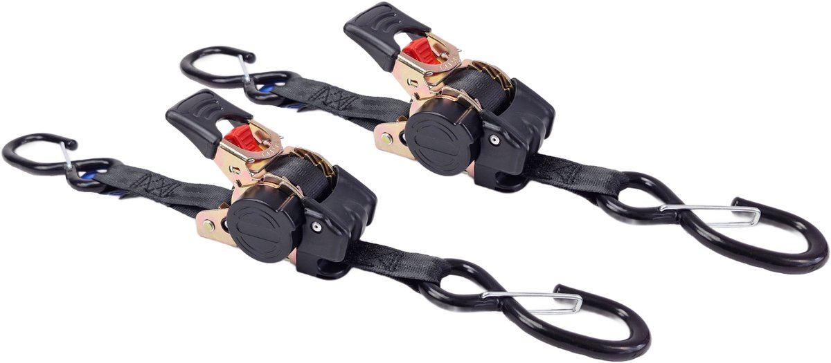 BCF-Products Automatische spanband - met S haken - 1.8 meter - Zwart - 2 stuks - Zelfoprollend - 25mm - Met Vergrendeling