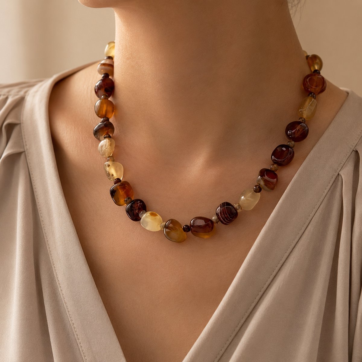Luxamore® Dames Kralenketting Bruin – Boho Halsketting met Natuursteen Kralen – Statement Ketting – Sieraden voor Dames – Cadeau voor Vrouwen