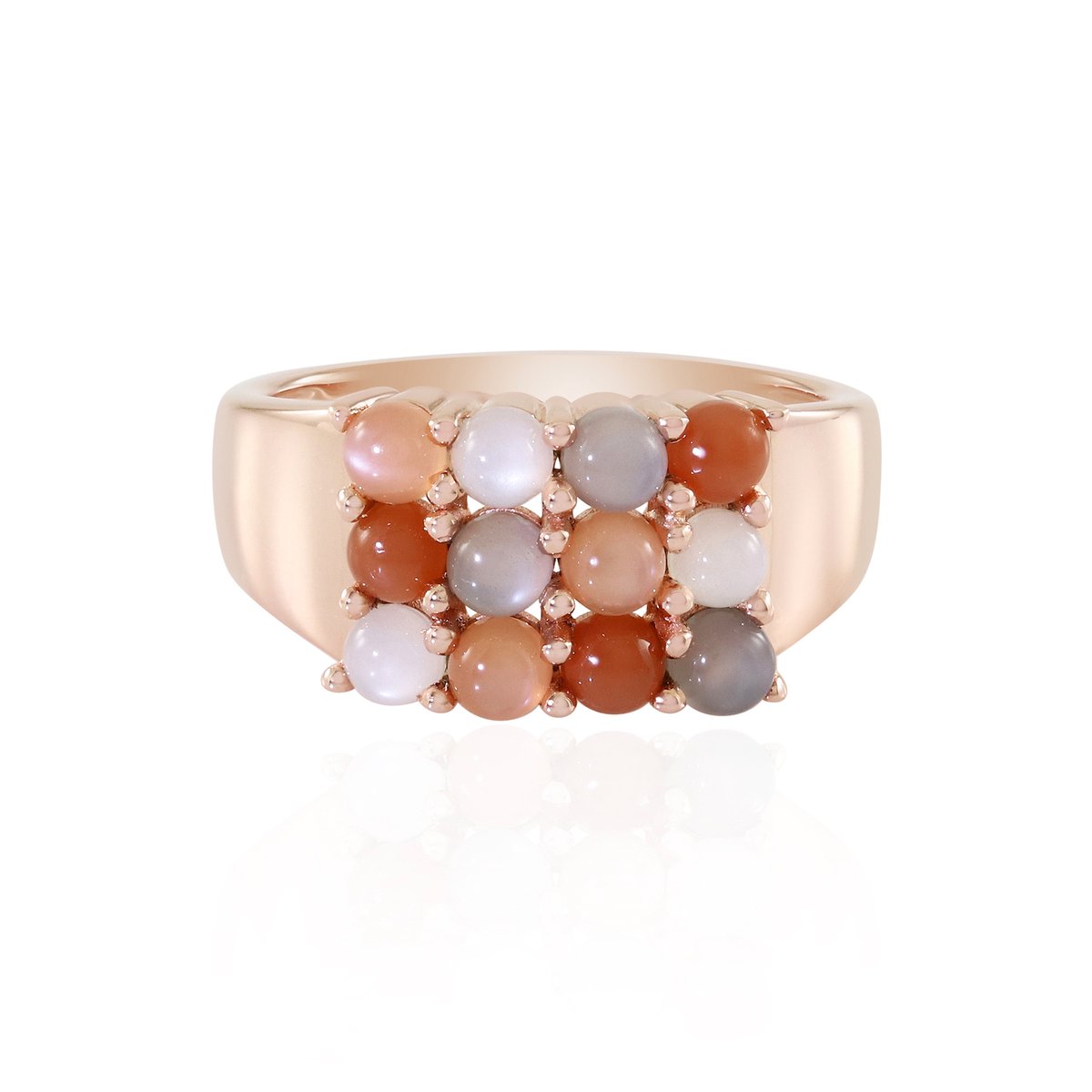 Cavill - Luxe 925 Sterling Zilver Ring met 9 Cabochon Witte, Perzik en Chocolade Maanstenen - Roségoudverguld - Ronde Prongzetting