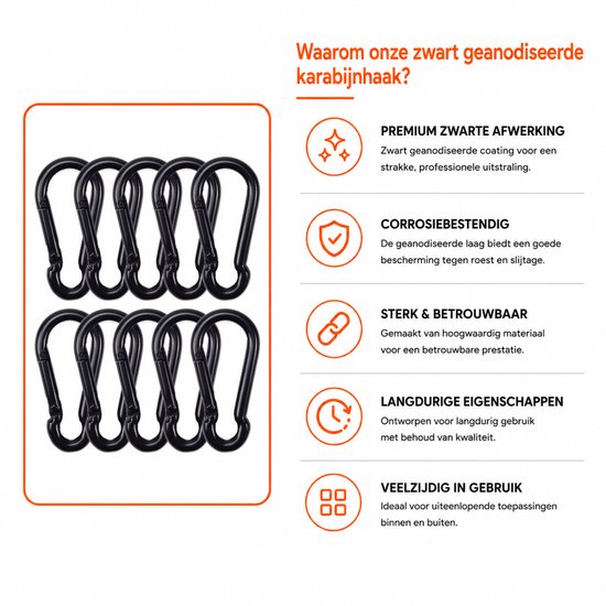 Tien zwarte, geanodiseerde karabijnhaken met hoogwaardige, corrosiebestendige en langdurige eigenschappen.