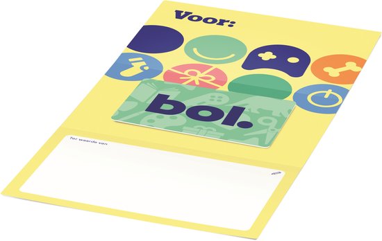 Gele kaart met diverse speelgoedicoontjes, een lichtgroene bol.com cadeaukaart en ruimte voor waarde en naam.