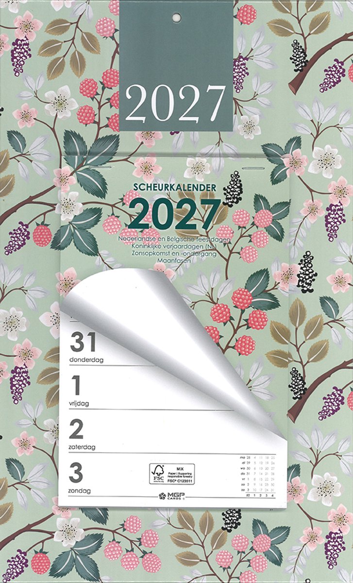 MGPcards - Week Scheurkalender 2027 - Week begint op maandag - 21 x 34 cm - Lichtgroen - Bessen