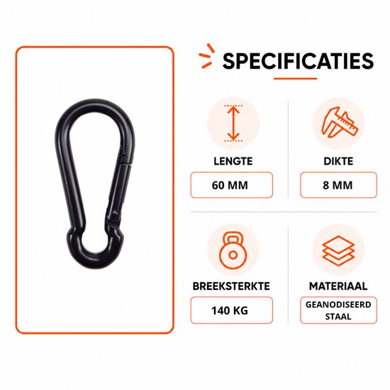 Zwarte karabijnhaak, 60 mm lang, 8 mm dik, 140 kg breeksterkte, geanodiseerd staal.