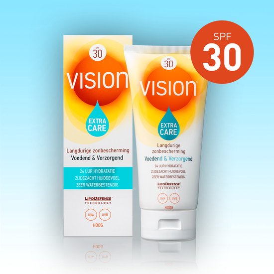 Vision Extra Care zonnebrandcrème met SPF 30 en bijpassende doos, voedend, 24 uur hydratatie, waterbestendig.