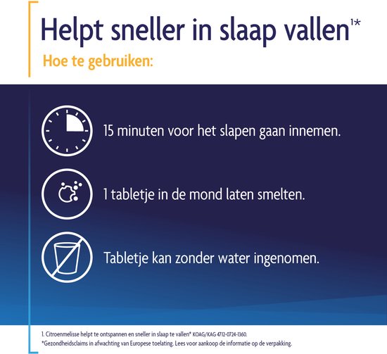 Hoe te gebruiken: 15 minuten voor slapengaan innemen, 1 tabletje in de mond laten smelten, kan zonder water ingenomen.