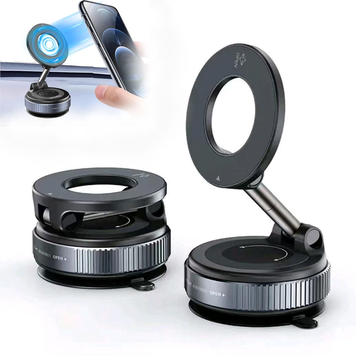 Telefoonhouders Auto – Magnetische telefoonhouder met vacuümzuignap – autohouder voor MagSafe – geschikt voor smartphones tot 7 inch – sterke zuigkracht – krachtige magneet voor alle telefoons – 360° draaibaar en opvouwbaar