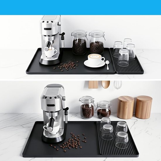 Zwarte siliconenmat met afneembaar rooster, toont een koffiezetapparaat met koffiebonen en glazen.