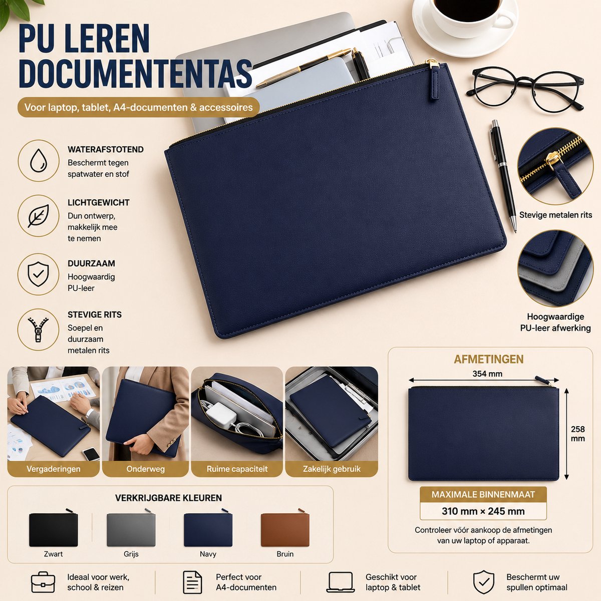 Tas PU Lederen Documententas met Rits – Laptophoes – Geschikt voor Laptop, Tablet, A4-documenten & Accessoires – Waterafstotend – Blauw