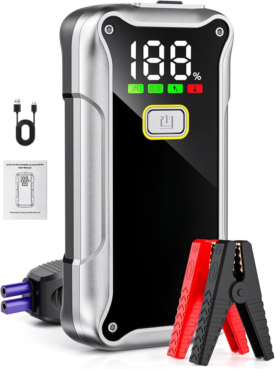 KIRA® Jumpstarter Voor Auto - Starter Power Bank 4000A - Draagbare Auto Acculader 12V - Zilver - 24cm x 17cm x 2cm