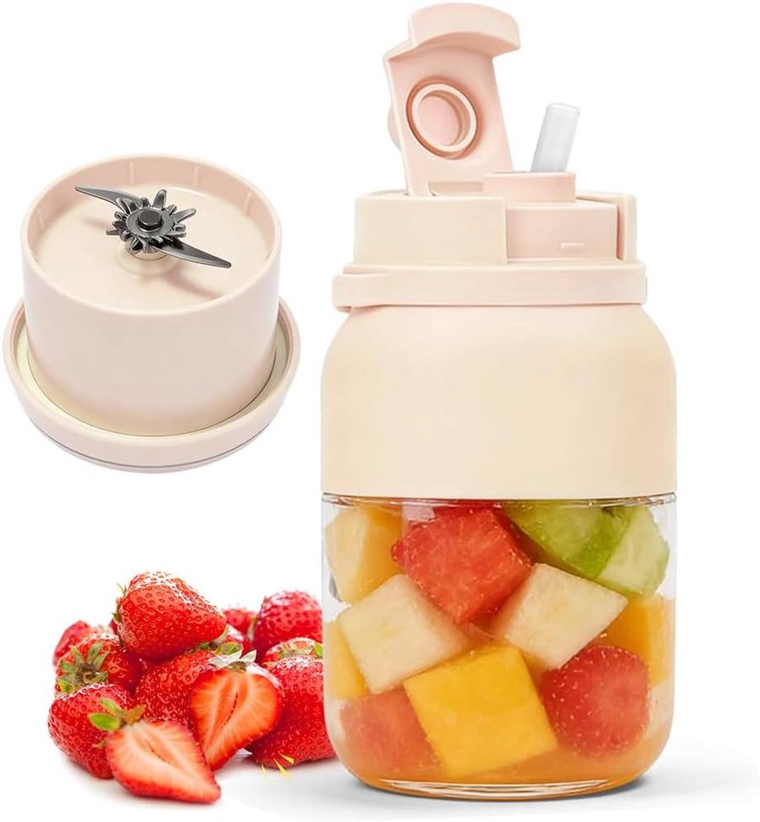 Draagbare Mixer - Mixer To Go - Verse Smoothies Maken - 38 Roestvrijstalen Messen - 1200 ml Inhoud - Crèmekleurig