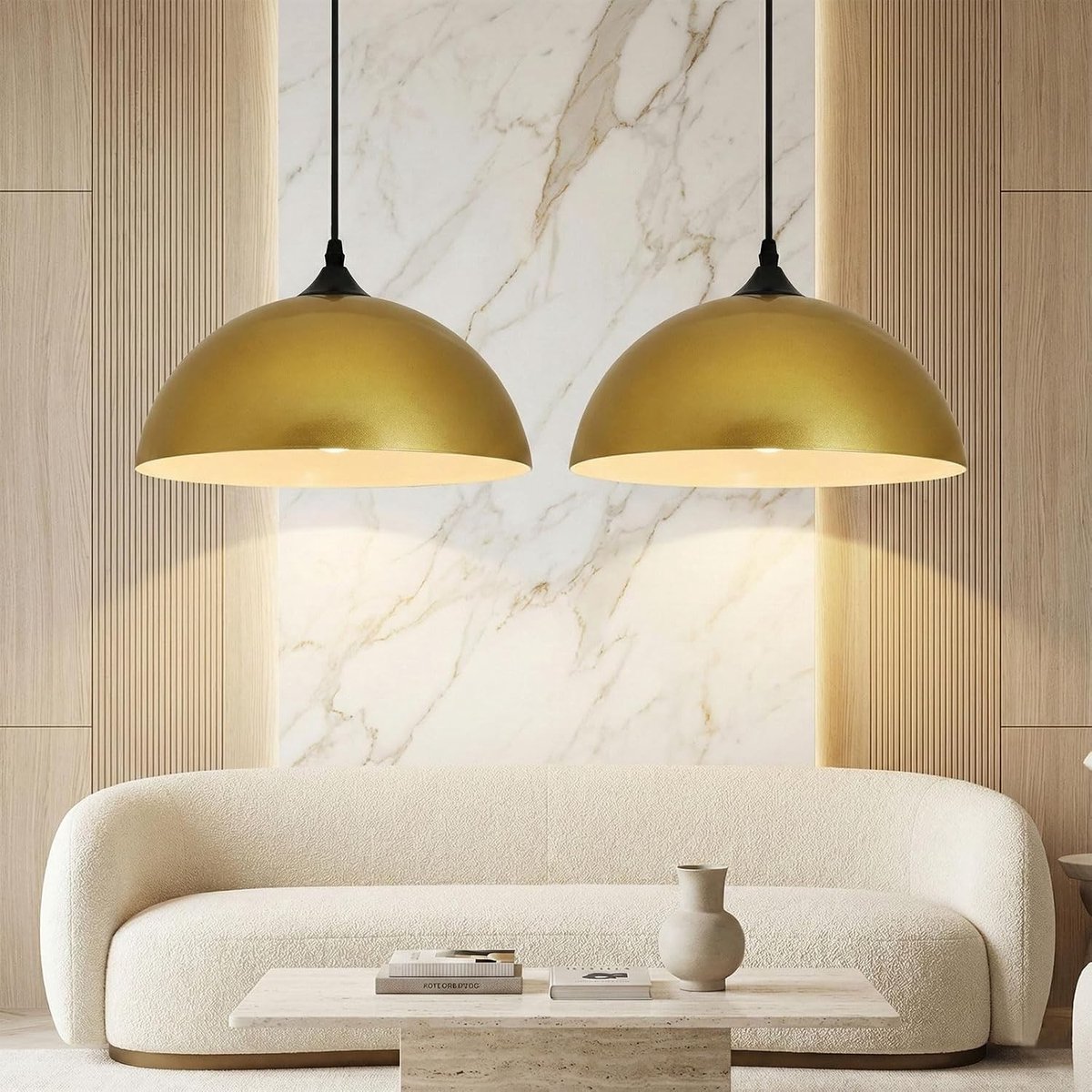Moderne Gouden IJzeren Hanglampen - Set van 2 Halfronde Chandeliers, Diameter 30 cm, Industrieel Ontwerp, E27 Fitting, Geschikt voor Keuken, Eetkamer en Woonkamer