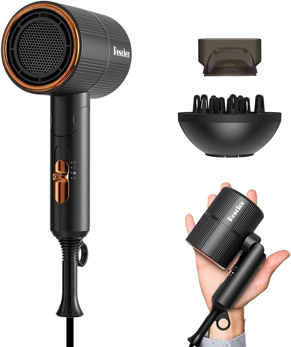SnelShoppen - Opvouwbare Haardroger 2000W Ionen - Compact Reisföhn met Stylingmondstuk & Diffuser - Stil, Lichtgewicht en Sneldrogend - Ideaal voor Va