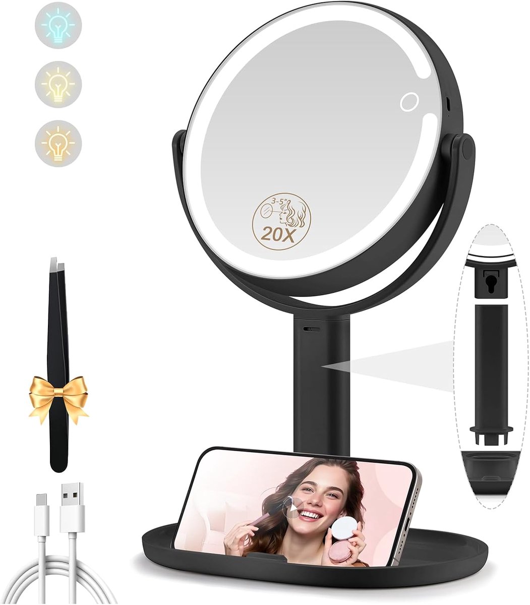 SnelShoppen - Make-upspiegel met Verlichting, Vergrotingsspiegel 20x, Cosmeticaspiegel met 64 LED's, Dubbelzijdig 18 cm, 3 Kleuren, 360 Graden Rotatie