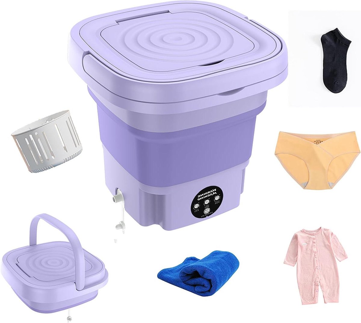 Opvouwbare Mini-wasmachine Draagbare Wasmachine Kleine Was Met Afwateringsmand 12 Liter Paars