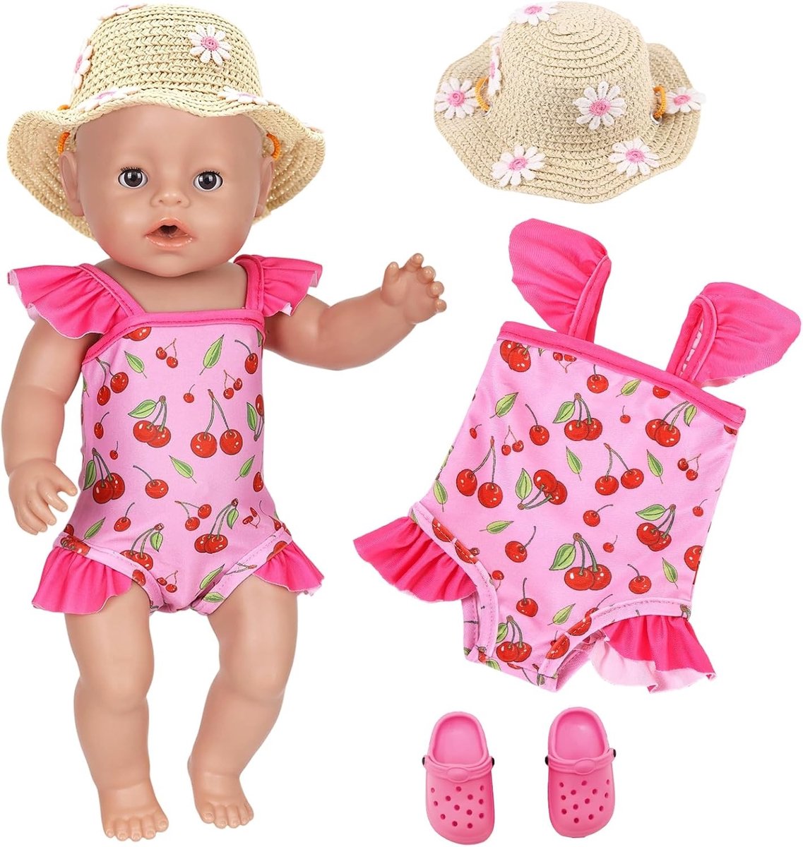 Schattig zwemset voor poppen van 35-43 cm met badpak, zonneklep en schoenen - Perfect cadeau voor kinderen en poppenliefhebbers