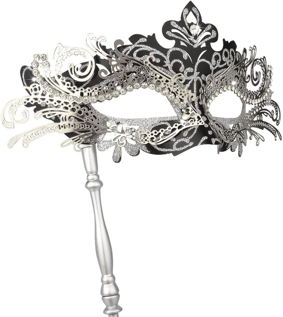 SnelShoppen - Hoshin Maskerade masker met stok - Venetiaanse maskers voor dames - zwart met zilveren lijn - perfecte Mardi Gras decoraties - feestacce