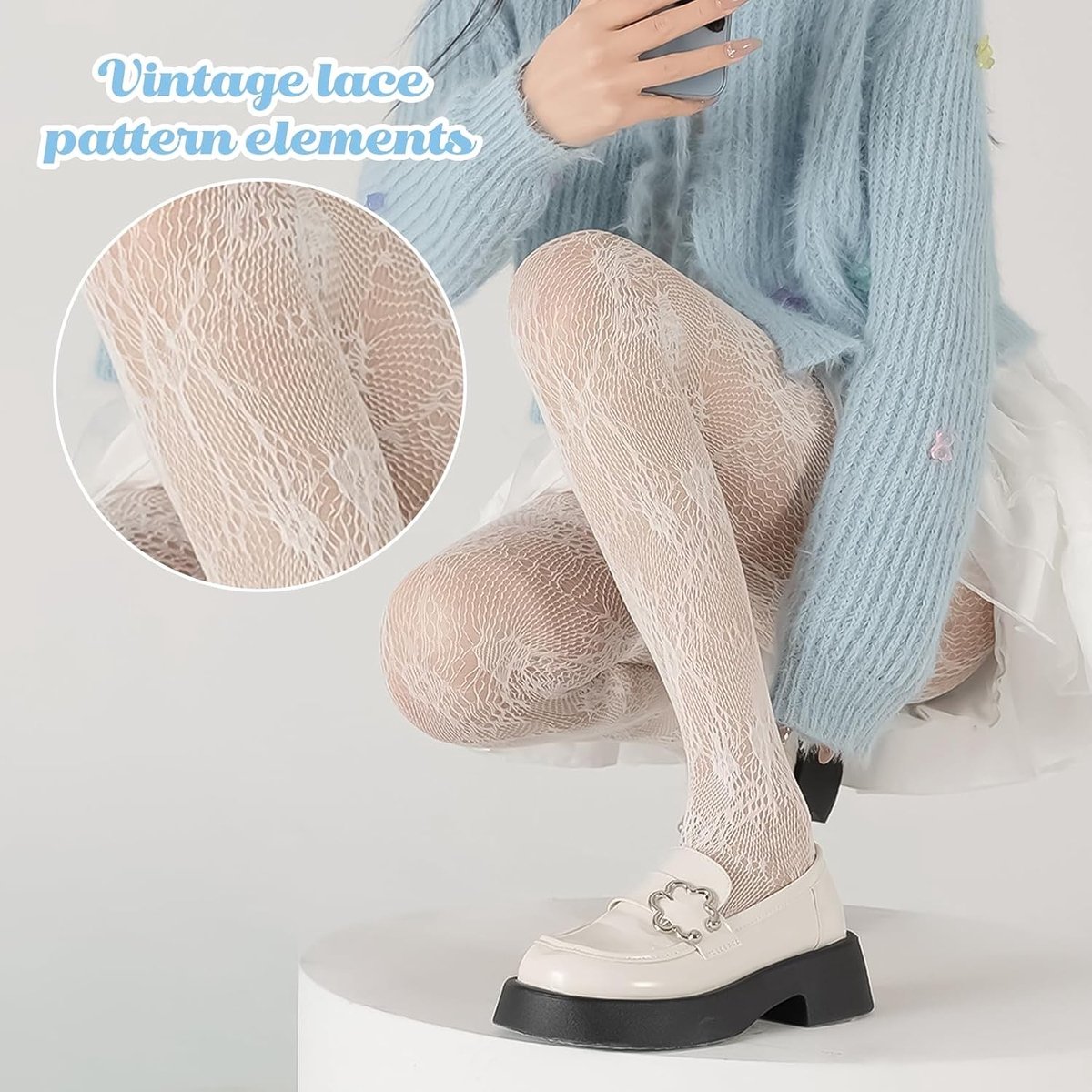 Elegante witte panty met bloemenpatroon en kant voor dames - Perfect voor Lolita-stijl, visnetlook en feestoutfits