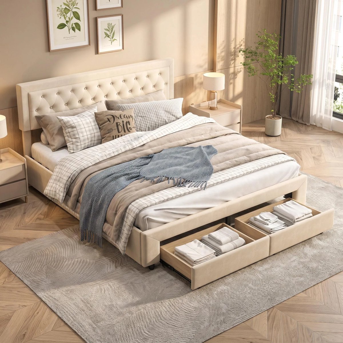 Gestoffeerd bed 180x200 met opbergruimte, Tweepersoonsbed met lattenbodem en 2 laden, Opbergbed met Hoofdbord, Fluweel Beige, Zonder Matras