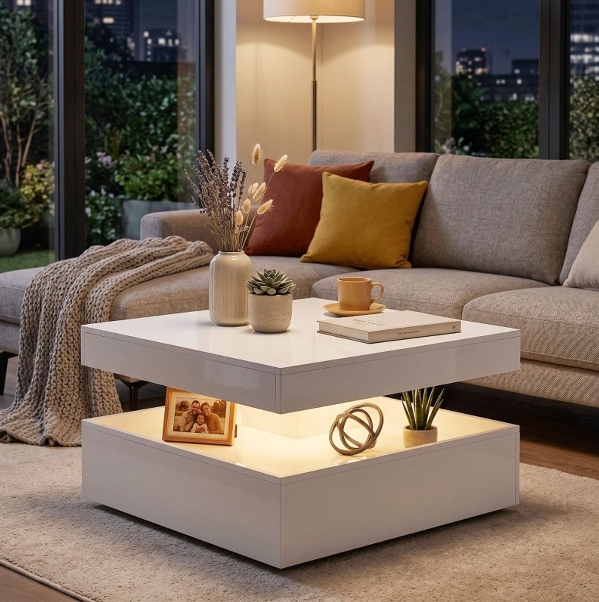 HAUSS SPOLE Salontafel - Met RGB Ledverlichting En Open Opbergruimte - Voor Woonkamer En Gaminghoek - Vezelplaat - 78x78x40 Cm - Hoogglans Wit