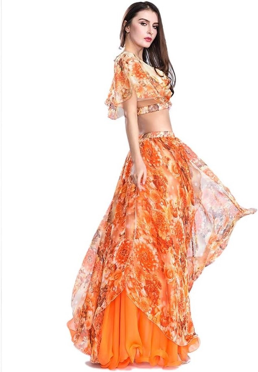 Belly Dance Top en Rok Set voor Vrouwen - Sexy Dansoutfit met Bloemen Chiffon en Prestatieskleding voor Dansen