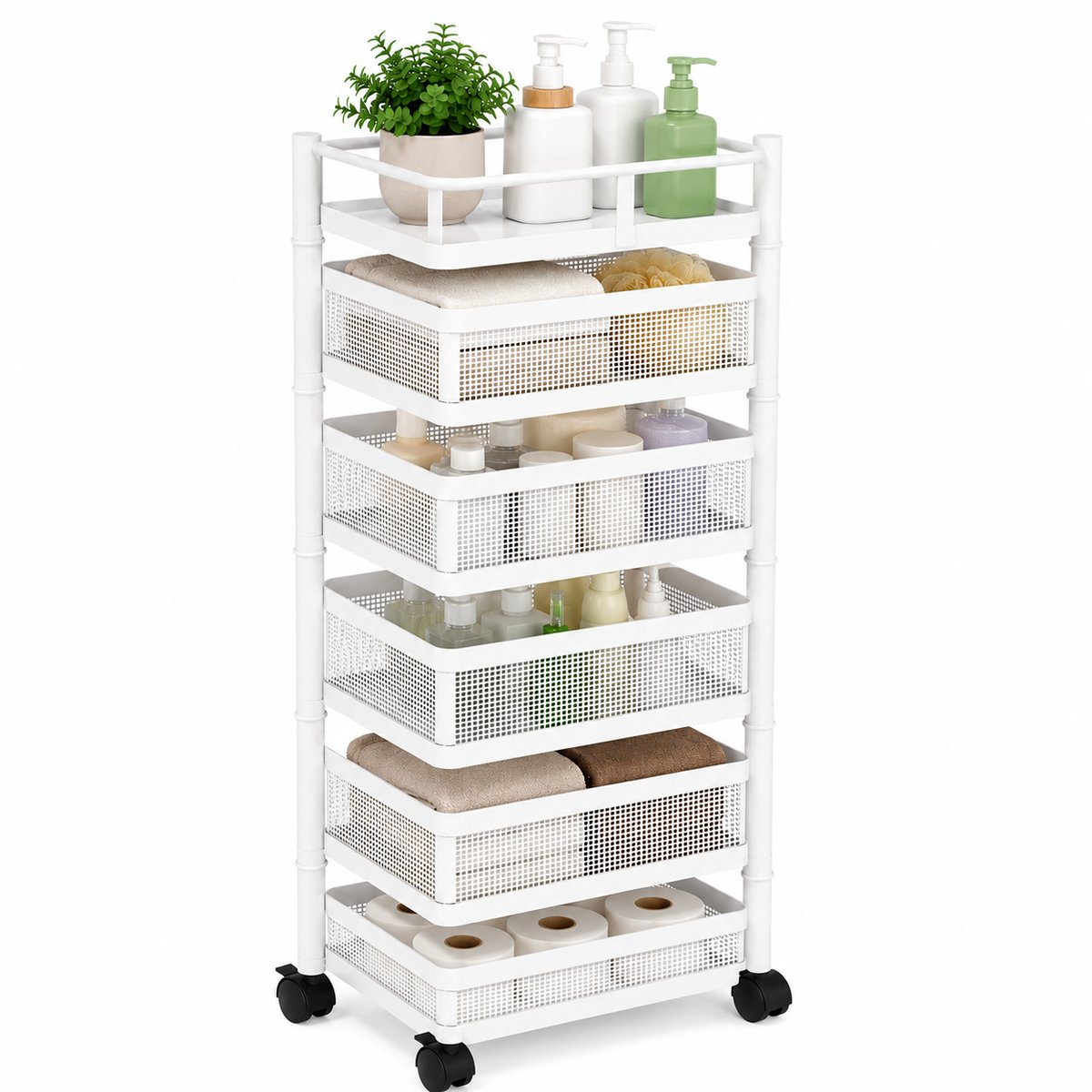 NAVOBIZ Opbergrek - Krattenrek - Opslagrek - Voorraadrek - 5 opbergniveaus - 360° draaibare manden - Metalen frame - Wit