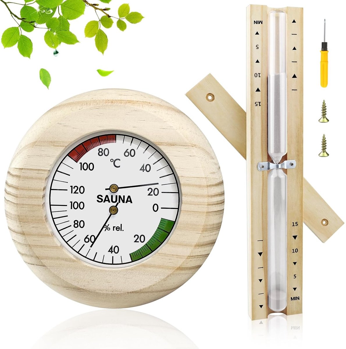 Nauwkeurige Sauna Thermometer en Hygrometer voor Perfecte Timing en Klimaatbeheersing in de Sauna, 15 Minuten Uurglas Accessoire