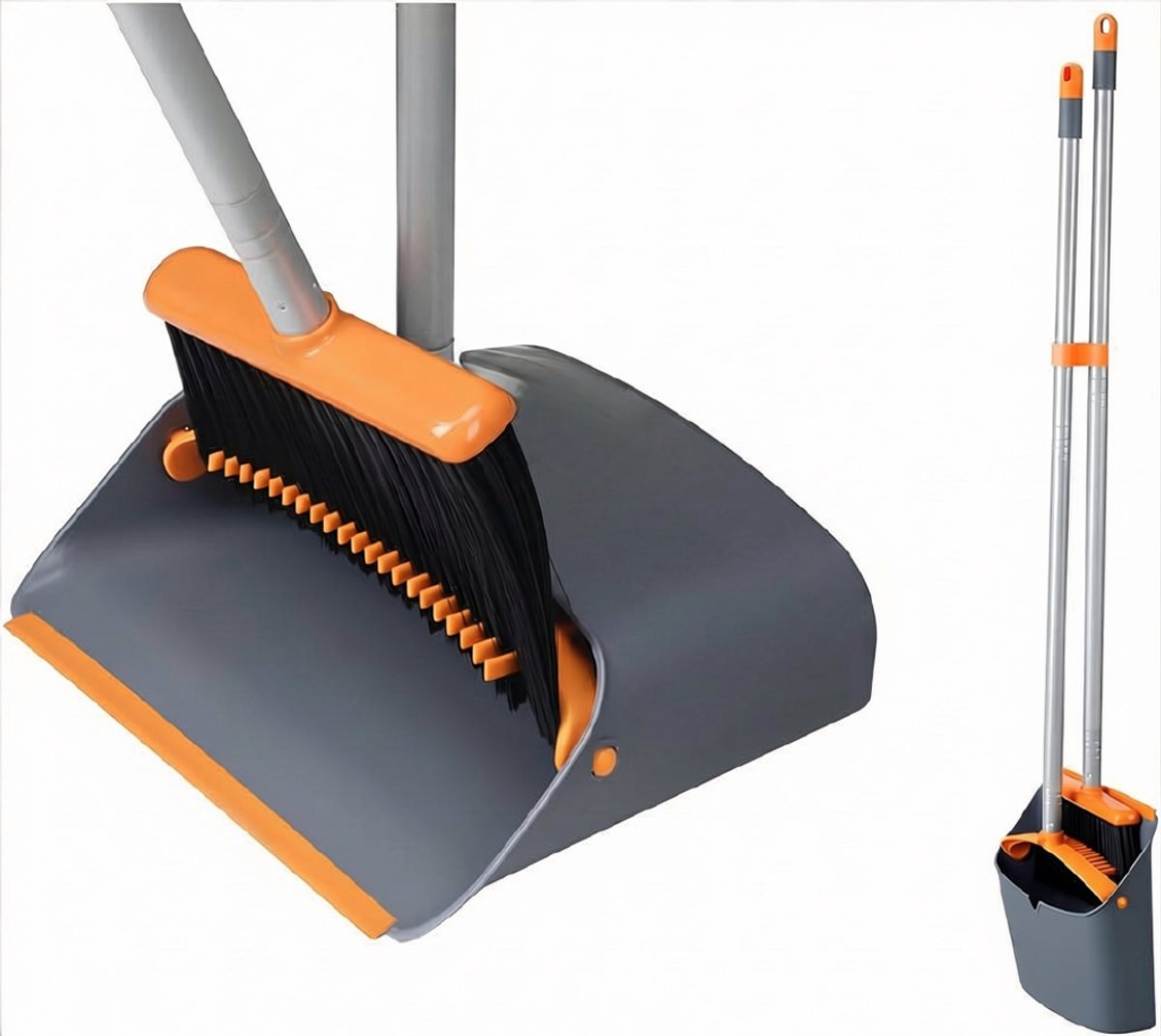 SNJY® Stoffer en Blik met Lange Steel - Vuilblik - Veger en Blik - Bezem - 137 cm - Grijs/Oranje